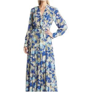 Btfl-Life Blue Anniki Floral Faux Wrap Long Sleeve Cottage Maxi Dress Size Large